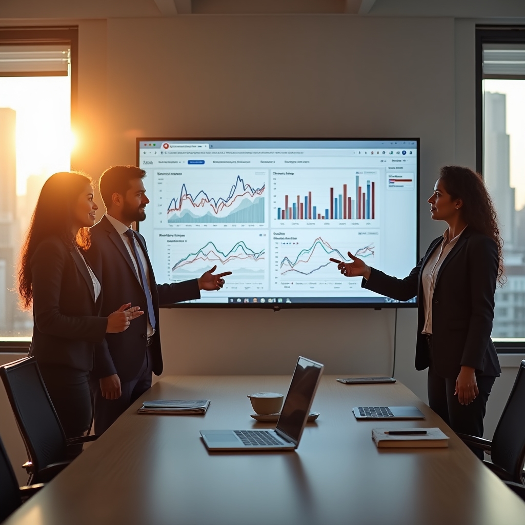 Tým HR analyzuje data o vyhledávání pracovních pozic na velké obrazovce v zasedací místnosti