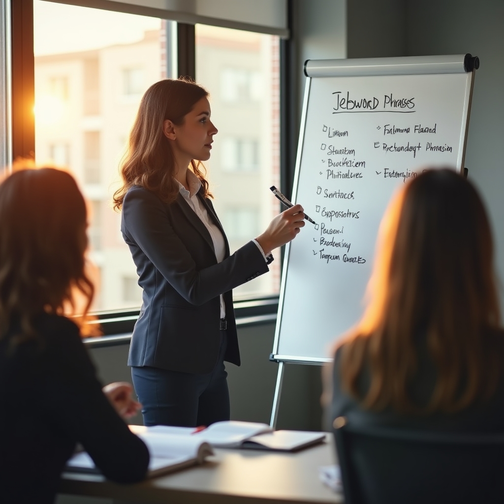 Lektorka zapisuje klíčová slova pro pracovní nabídky na whiteboard během workshopu
