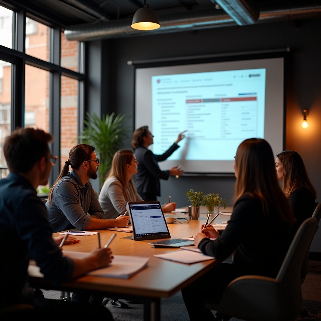Skupina HR specialistů sleduje prezentaci o strukturovaných datech na workshopu SEO pro kariérní stránky